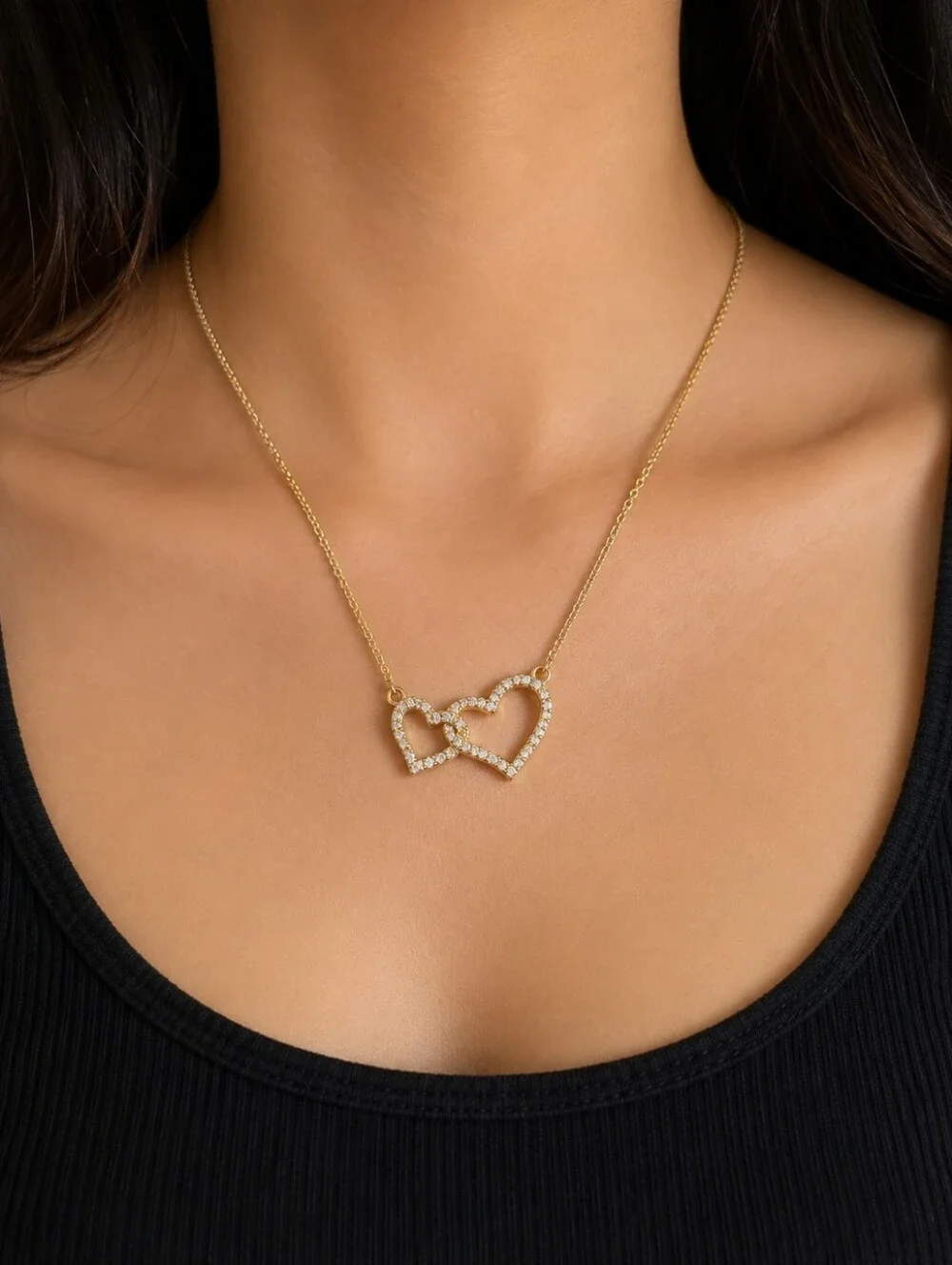 Gold Tone Double Heart Crystal Necklace 16
